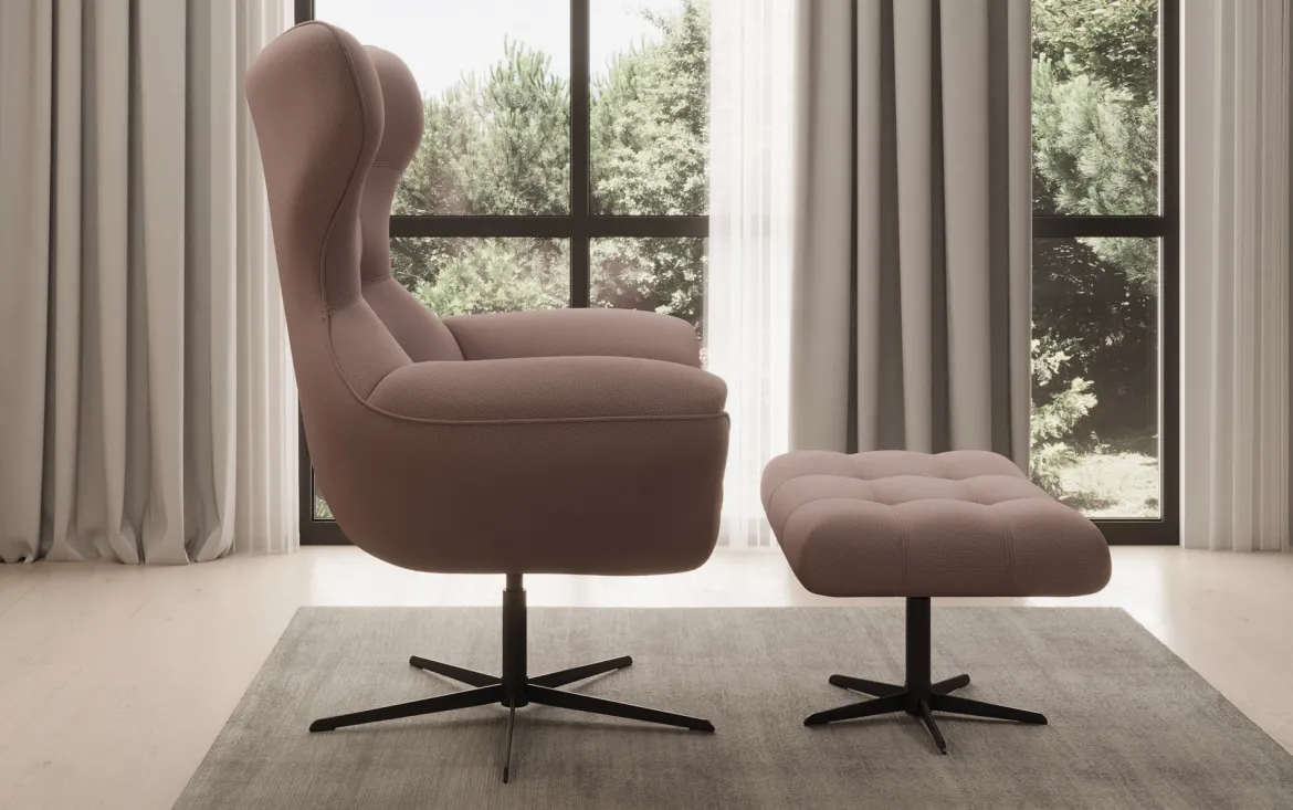 Designer Sofa-Sessel Aurelio inkl. Beistellhocker in Stoff