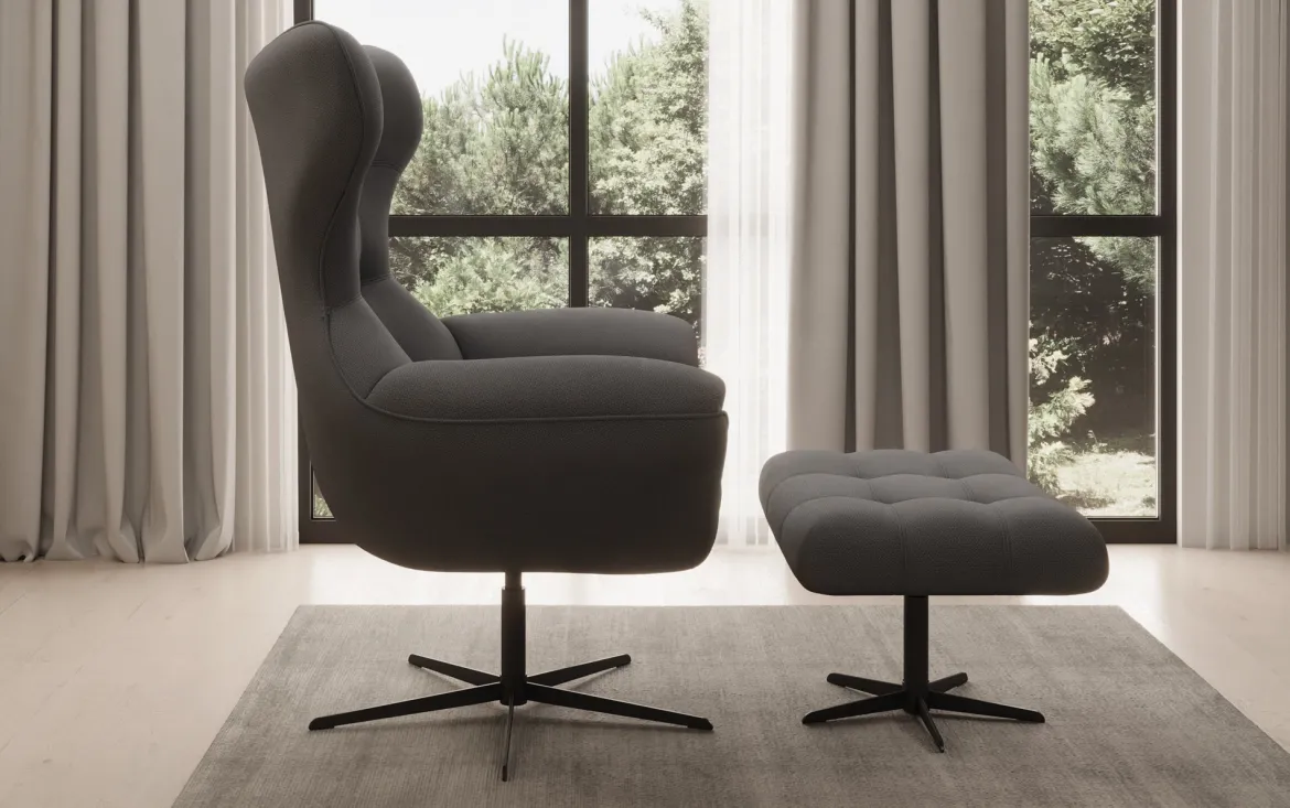 Designer Sofa-Sessel Aurelio inkl. Beistellhocker in Stoff