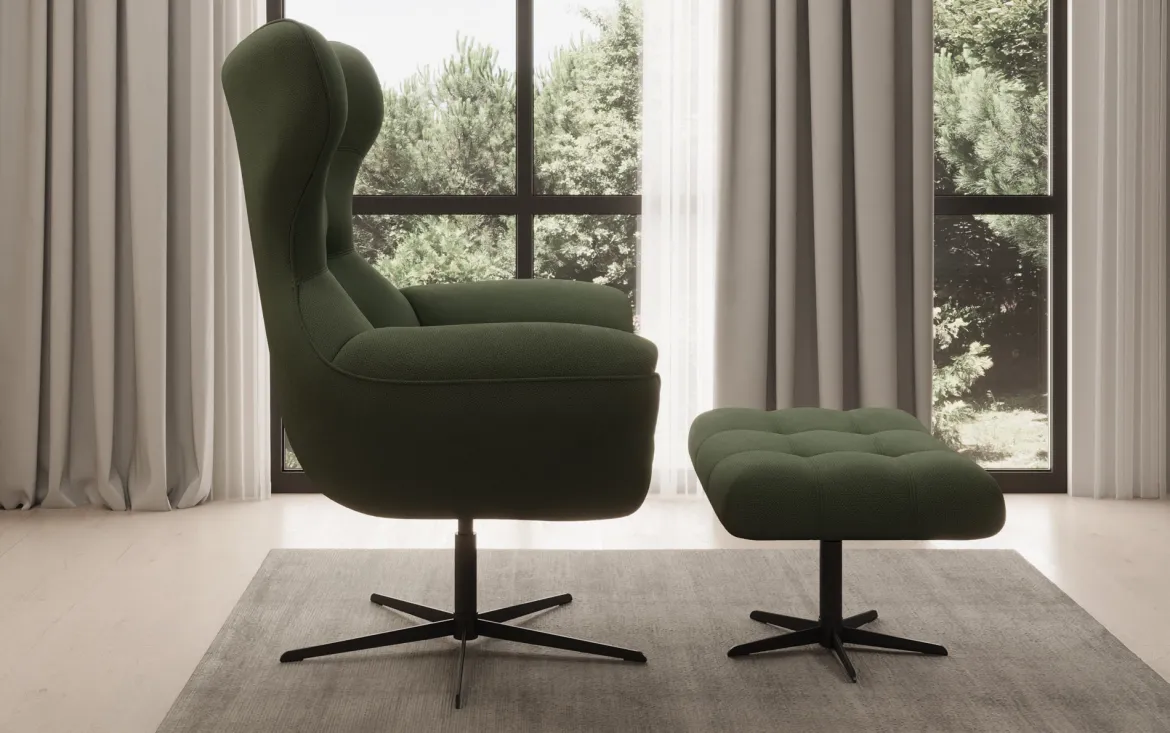Designer Sofa-Sessel Aurelio inkl. Beistellhocker in Stoff