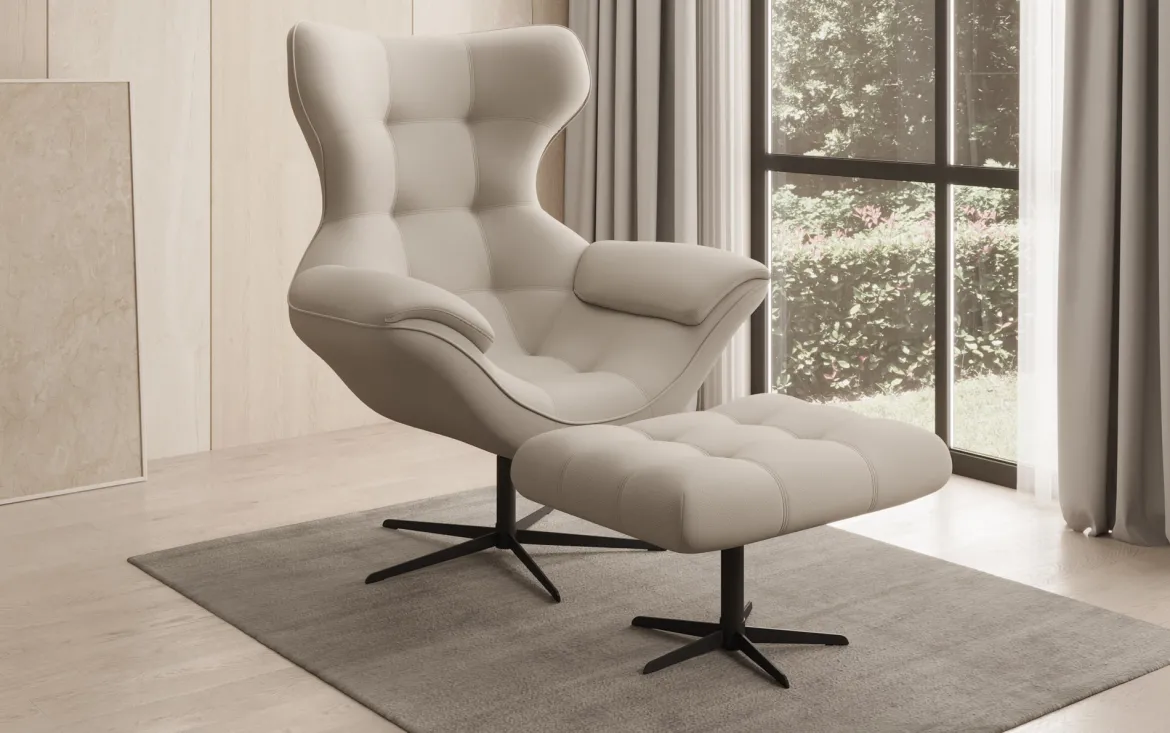 Designer Sofa-Sessel Aurelio inkl. Beistellhocker in Stoff