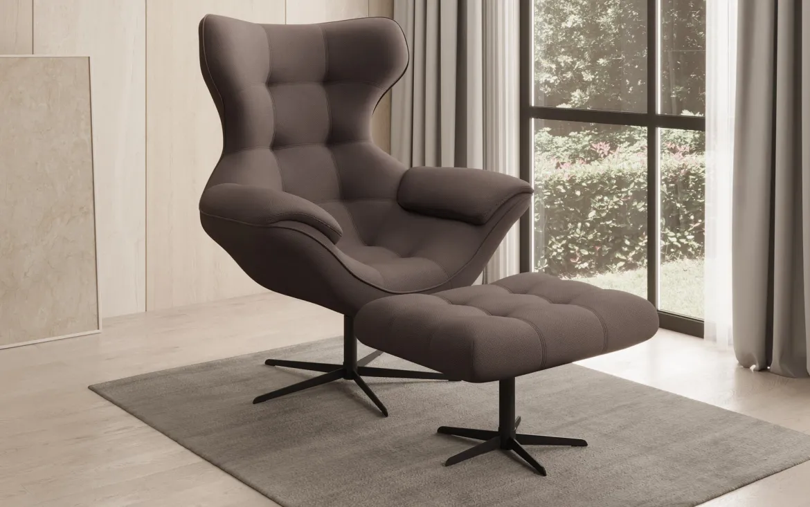 Designer Sofa-Sessel Aurelio inkl. Beistellhocker in Stoff