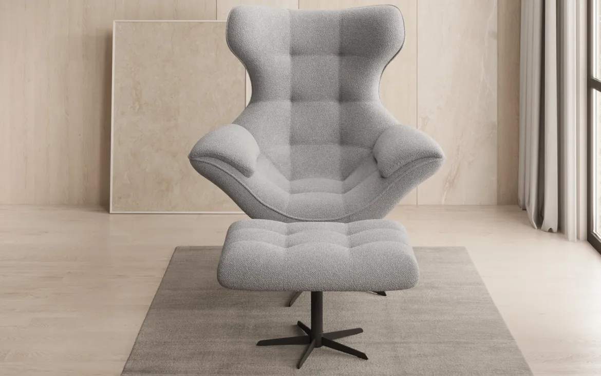 Designer Sofa-Sessel Aurelio inkl. Beistellhocker in Bouclé