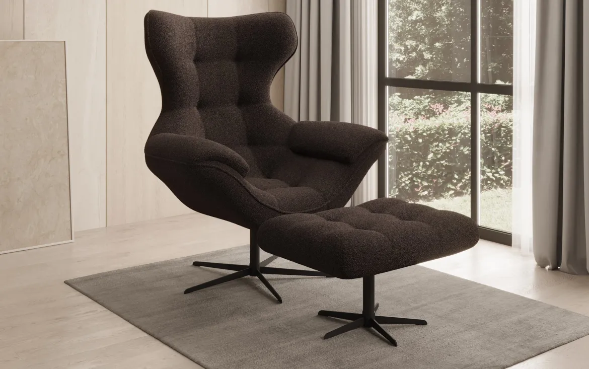 Designer Sofa-Sessel Aurelio inkl. Beistellhocker in Bouclé