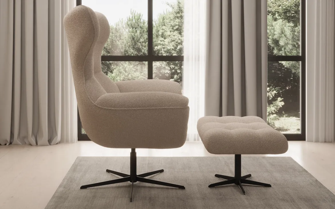 Designer Sofa-Sessel Aurelio inkl. Beistellhocker in Bouclé