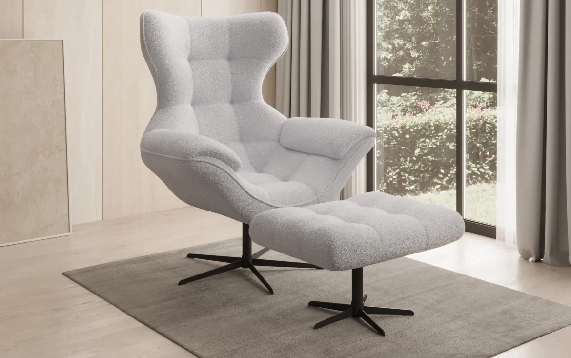 Designer Sofa-Sessel Aurelio inkl. Beistellhocker in Bouclé