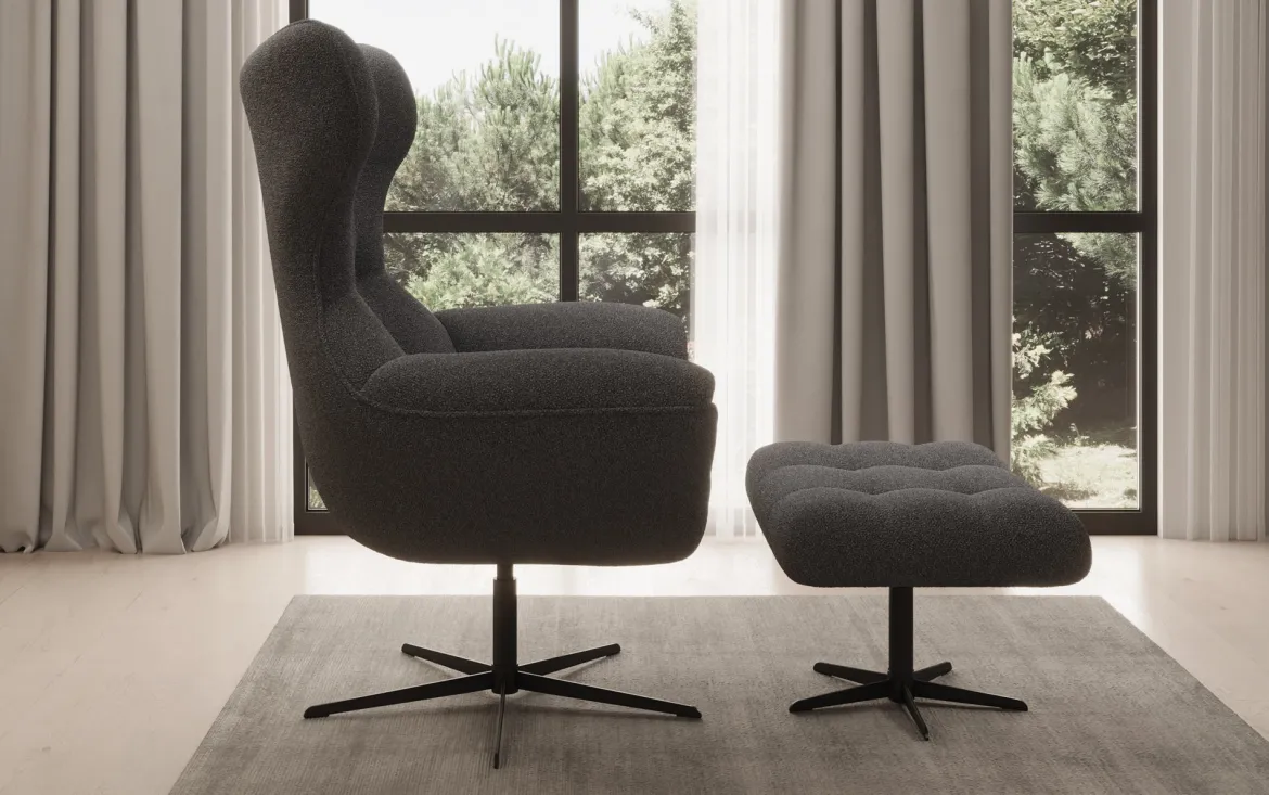 Designer Sofa-Sessel Aurelio inkl. Beistellhocker in Bouclé