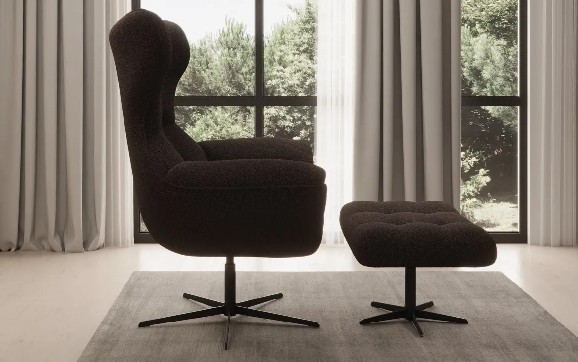 Designer Sofa-Sessel Aurelio inkl. Beistellhocker in Bouclé