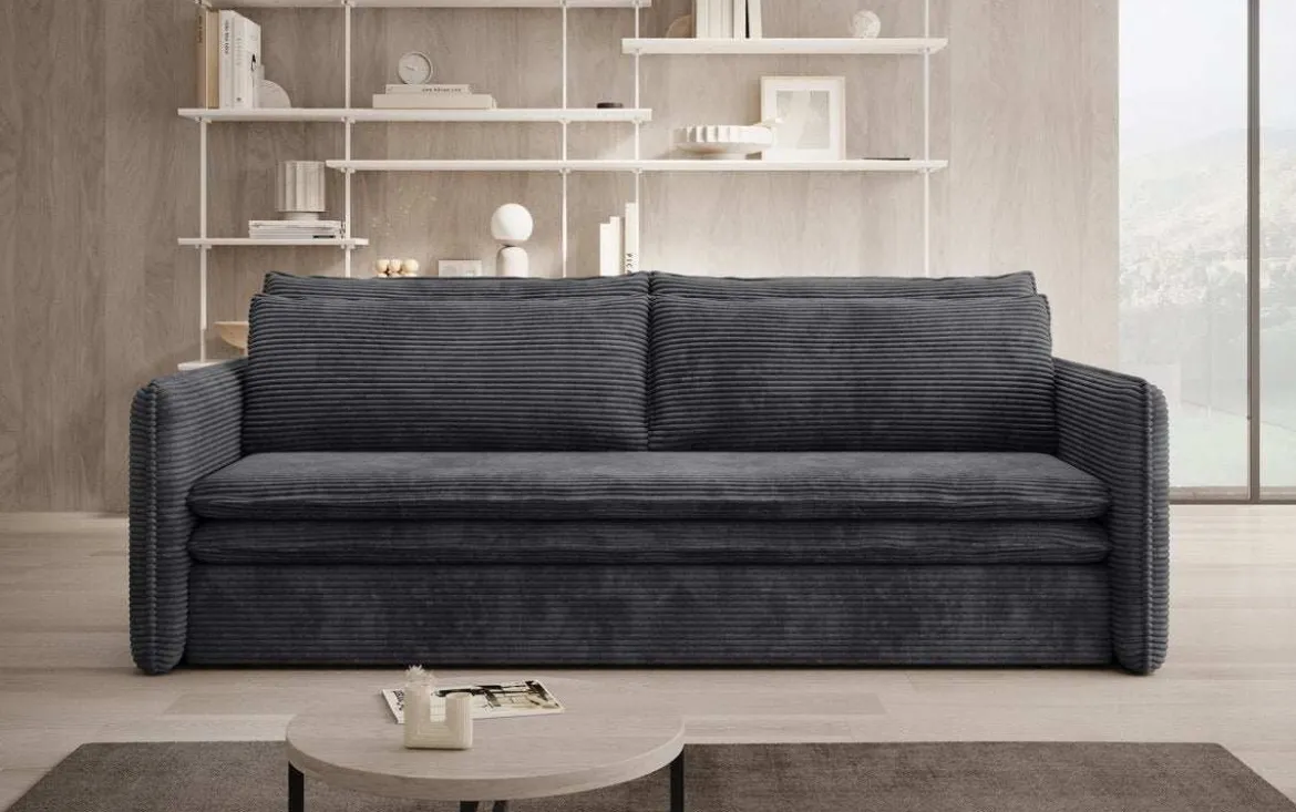 Designer Sofa Tilo Slim mit Schlaf- und Klappfunktion aus Cord