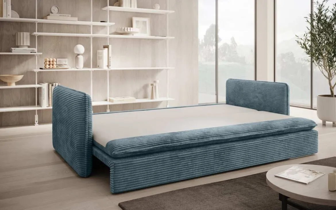 Designer Sofa Tilo Slim mit Schlaf- und Klappfunktion aus Cord