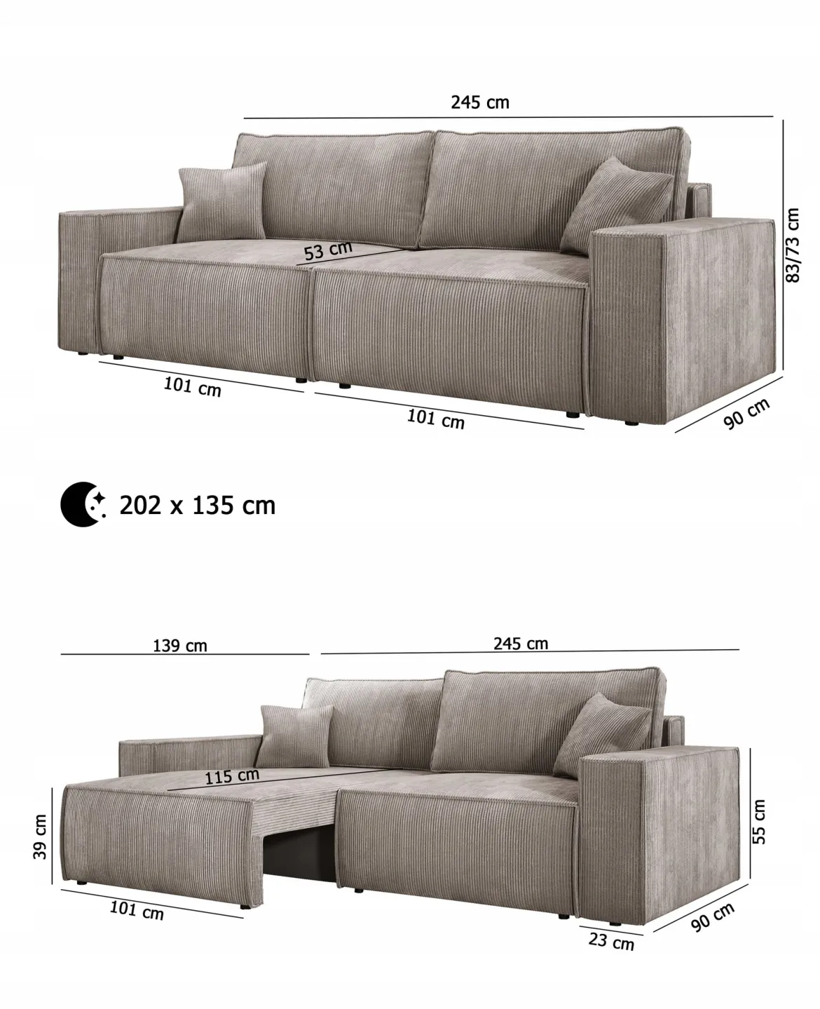 Designer Sofa Velanova 3 Sitzer Cord mit Schlaf- und Klappfunktion