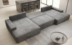 Designer Sofa Verona U mit breiter Ottomane mit Schlaffunktion und Stauraum in Cord