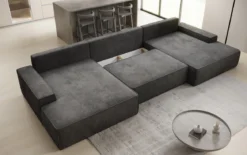 Designer Sofa Verona U mit breiter Ottomane mit Schlaffunktion und Stauraum in Cord