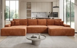 Designer Sofa Verona U mit breiter Ottomane mit Schlaffunktion und Stauraum in Cord