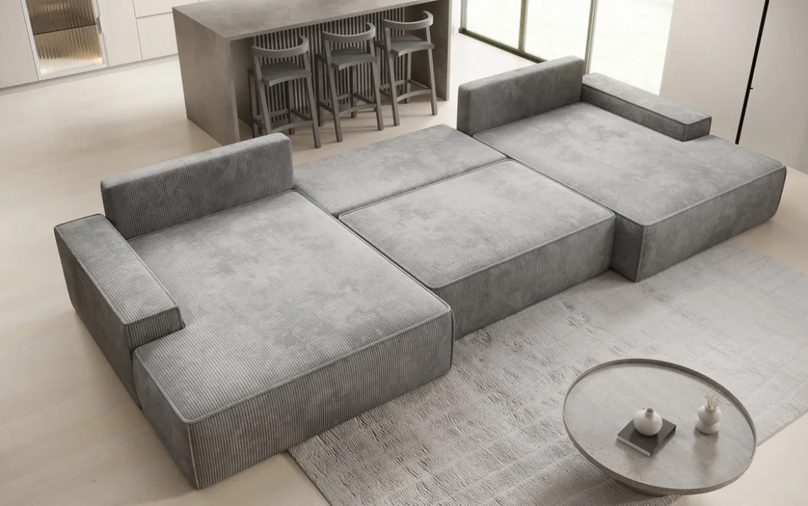 Designer Sofa Verona U mit breiter Ottomane mit Schlaffunktion und Stauraum in Cord