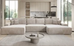 Designer Sofa Verona U mit breiter Ottomane mit Schlaffunktion und Stauraum in Cord