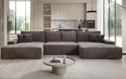 Designer Sofa Verona U mit breiter Ottomane mit Schlaffunktion und Stauraum in Cord