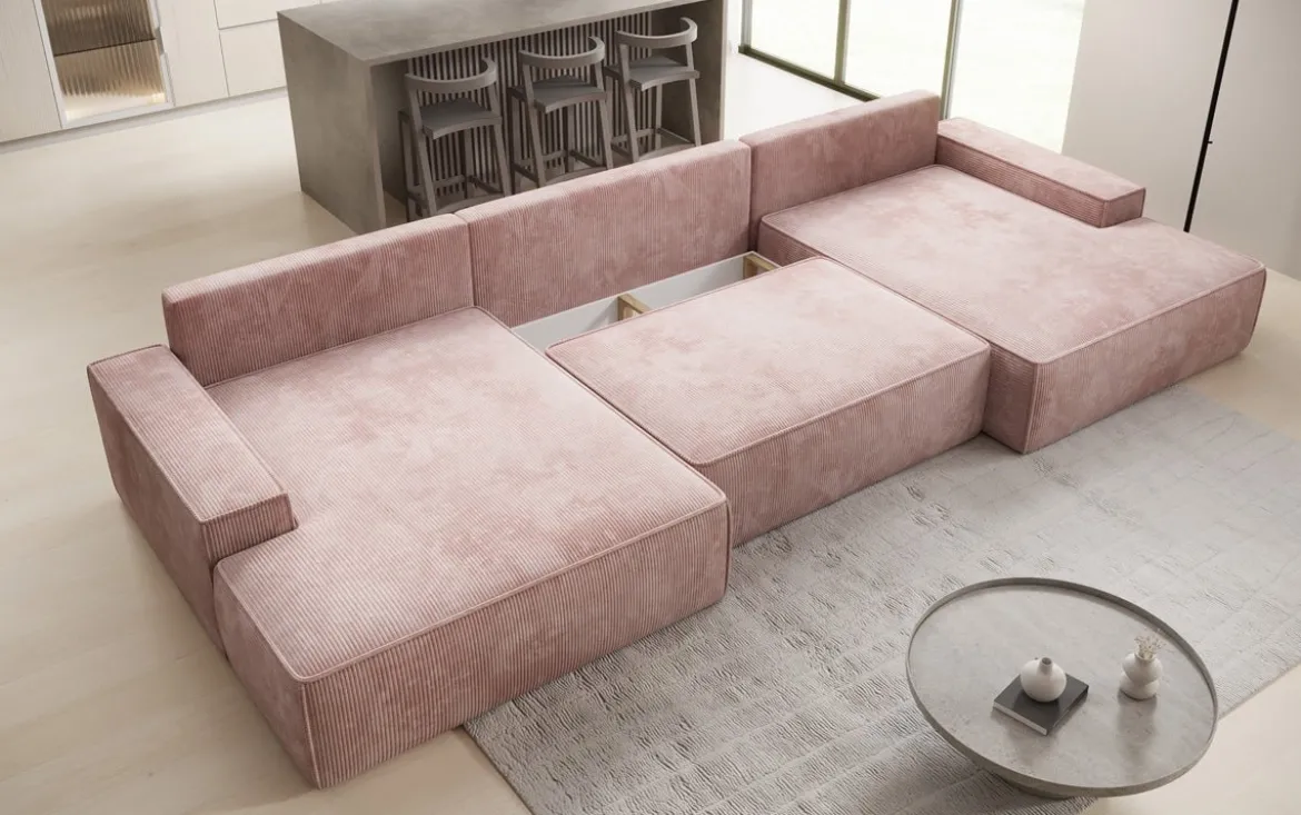 Designer Sofa Verona U mit breiter Ottomane mit Schlaffunktion und Stauraum in Cord