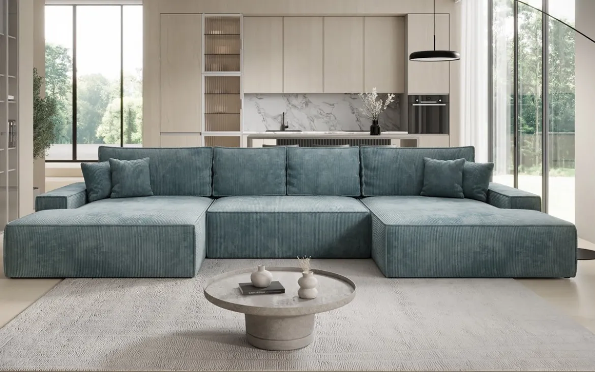 Designer Sofa Verona U mit breiter Ottomane mit Schlaffunktion und Stauraum in Cord