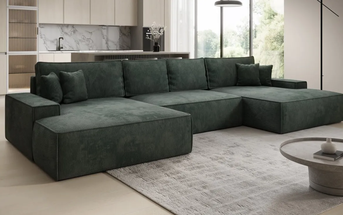 Designer Sofa Verona U mit breiter Ottomane mit Schlaffunktion und Stauraum in Cord