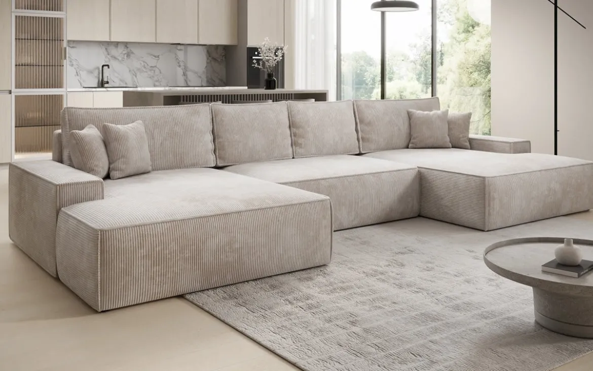Designer Sofa Verona U mit breiter Ottomane mit Schlaffunktion und Stauraum in Cord