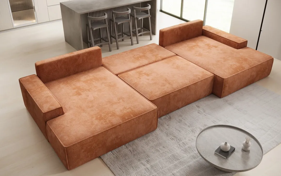 Designer Sofa Verona U mit breiter Ottomane mit Schlaffunktion und Stauraum in Cord