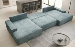 Designer Sofa Verona U mit breiter Ottomane mit Schlaffunktion und Stauraum in Cord