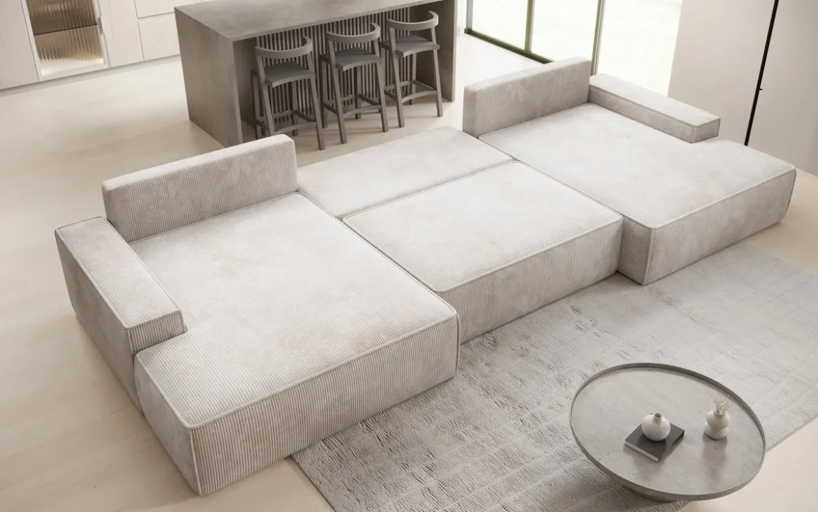 Designer Sofa Verona U mit breiter Ottomane mit Schlaffunktion und Stauraum in Cord