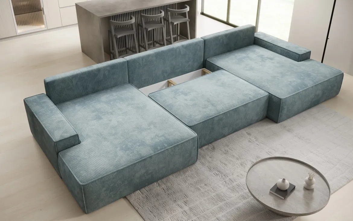 Designer Sofa Verona U mit breiter Ottomane mit Schlaffunktion und Stauraum in Cord