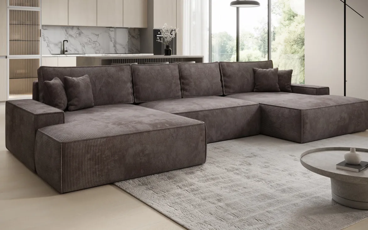 Designer Sofa Verona U mit breiter Ottomane mit Schlaffunktion und Stauraum in Cord