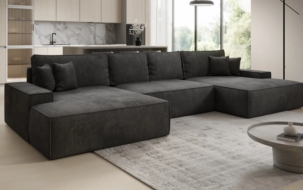Designer Sofa Verona U mit breiter Ottomane mit Schlaffunktion und Stauraum in Cord