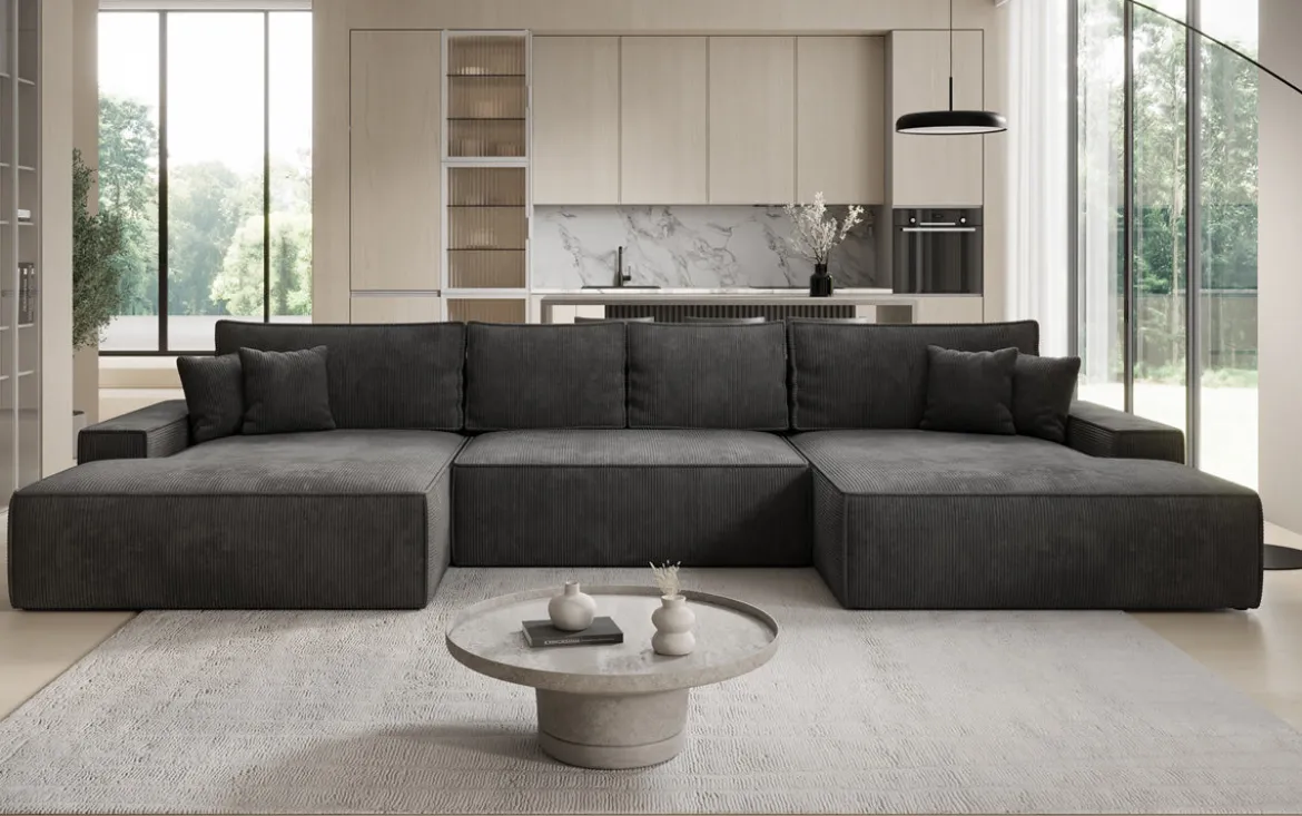 Designer Sofa Verona U mit breiter Ottomane mit Schlaffunktion und Stauraum in Cord