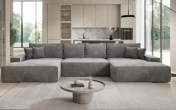 Designer Sofa Verona U mit breiter Ottomane mit Schlaffunktion und Stauraum in Cord