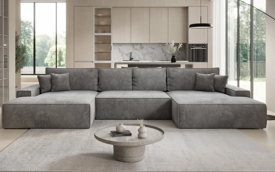 Designer Sofa Verona U mit breiter Ottomane mit Schlaffunktion und Stauraum in Cord