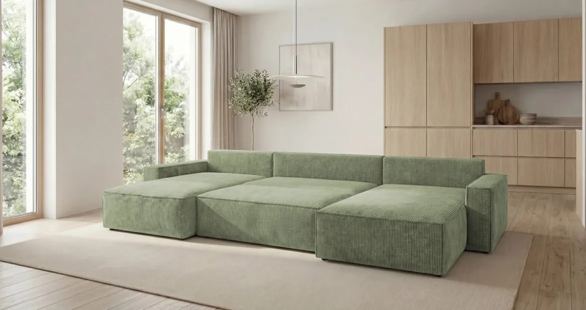 Designer Sofa Vienna U mit Schlaffunktion und Stauraum in Cord