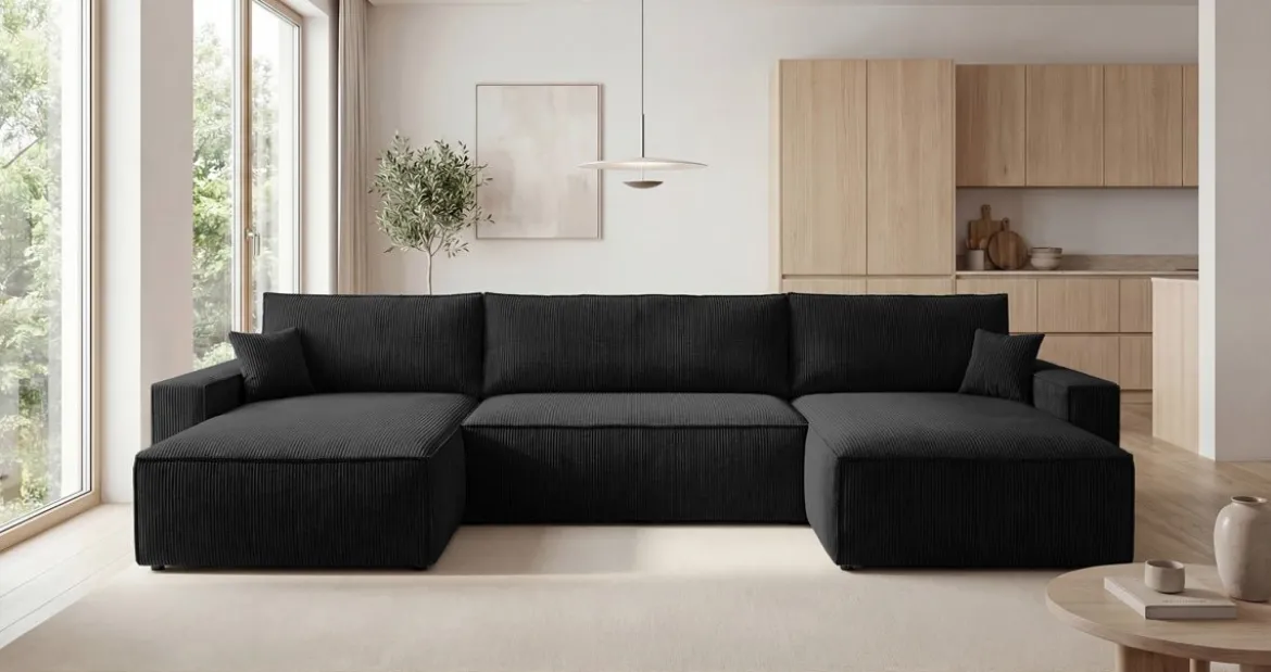Designer Sofa Vienna U mit Schlaffunktion und Stauraum in Cord