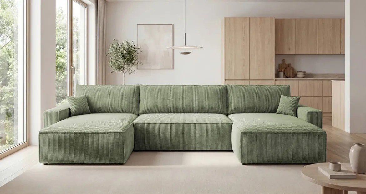 Designer Sofa Vienna U mit Schlaffunktion und Stauraum in Cord