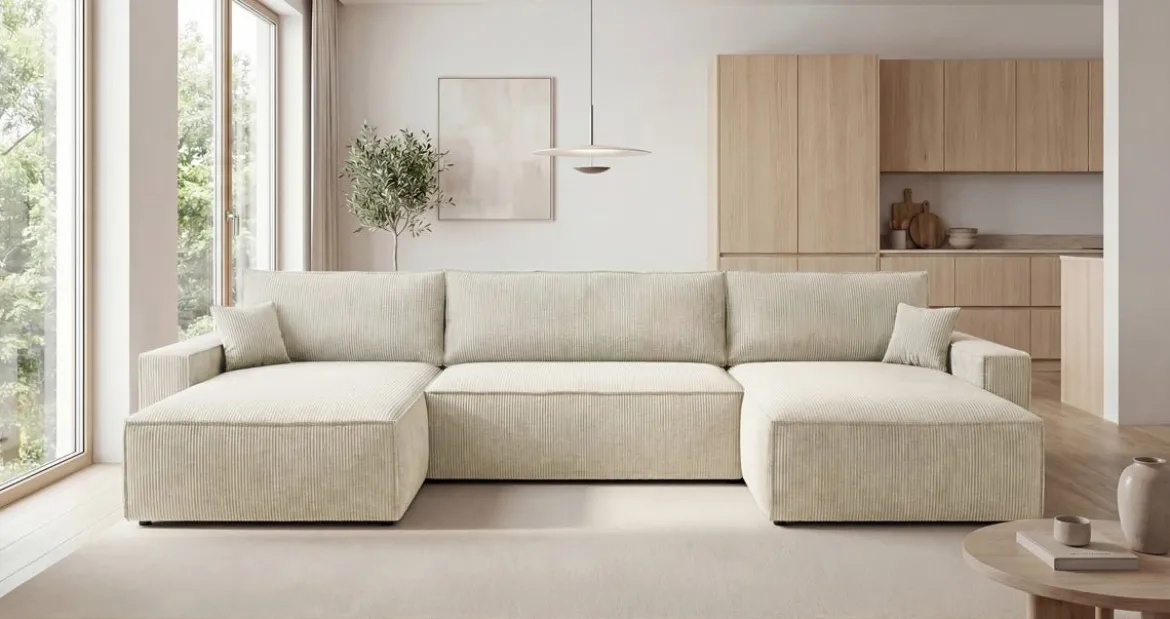 Designer Sofa Vienna U mit Schlaffunktion und Stauraum in Cord