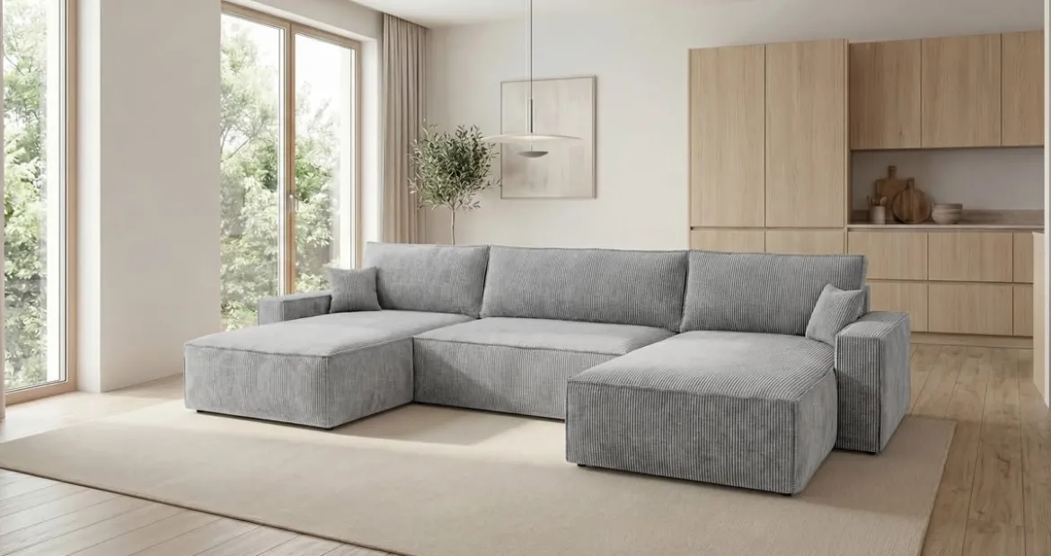 Designer Sofa Vienna U mit Schlaffunktion und Stauraum in Cord