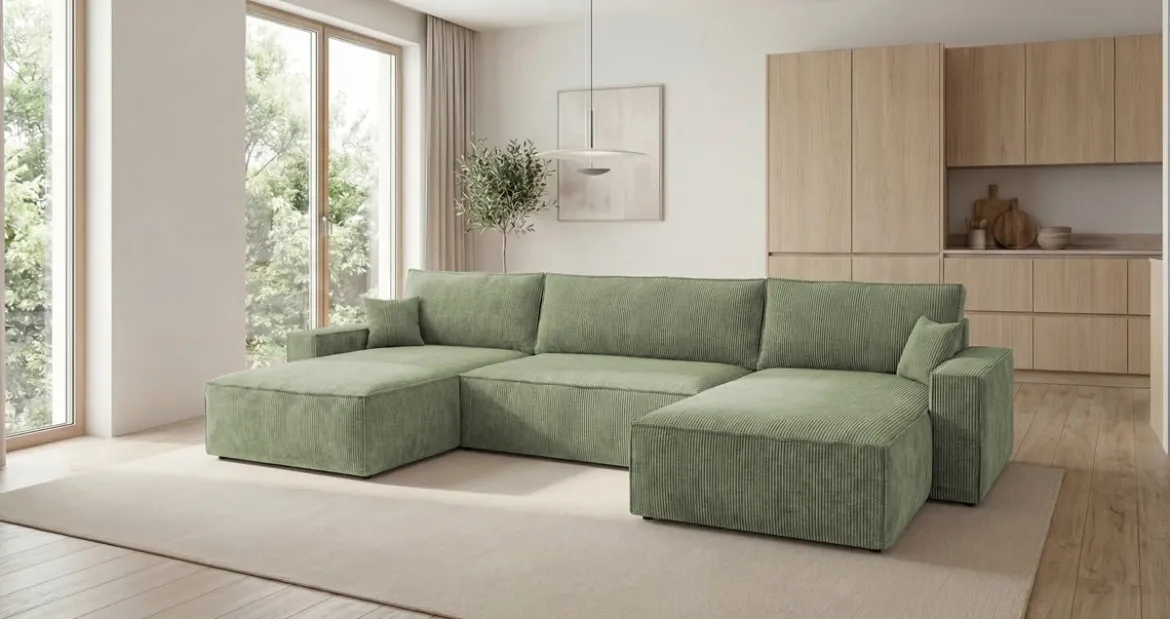 Designer Sofa Vienna U mit Schlaffunktion und Stauraum in Cord