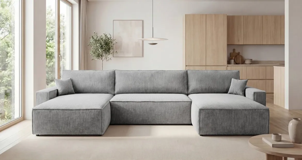 Designer Sofa Vienna U mit Schlaffunktion und Stauraum in Cord