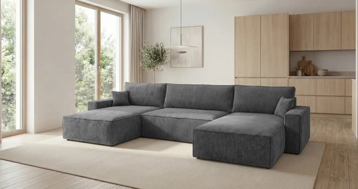 Designer Sofa Vienna U mit Schlaffunktion und Stauraum in Cord