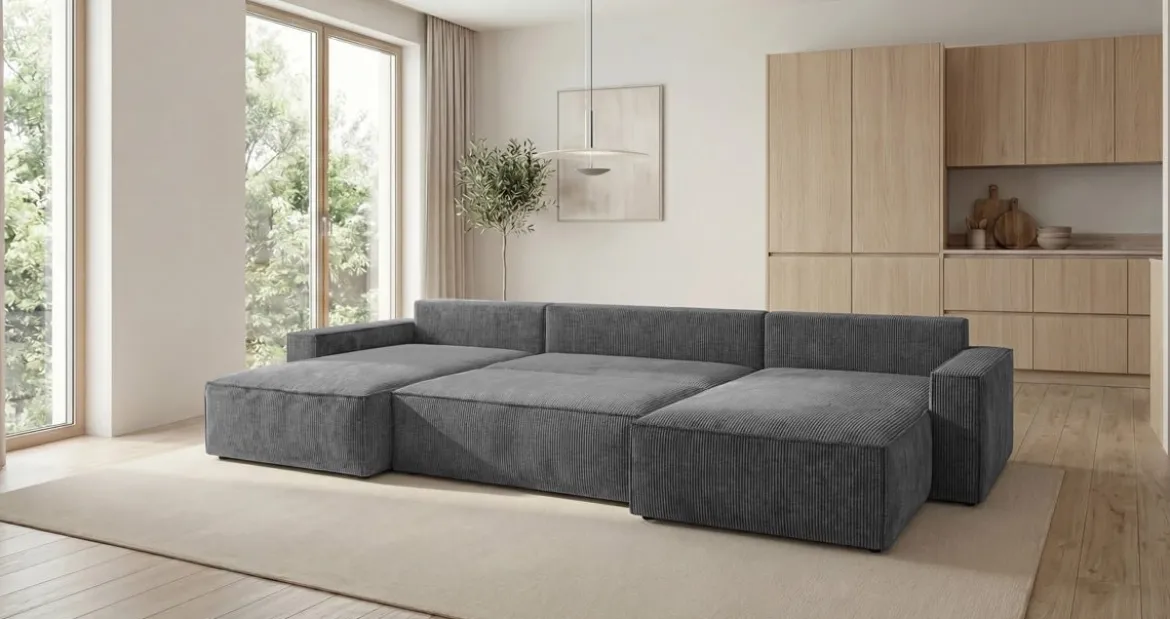 Designer Sofa Vienna U mit Schlaffunktion und Stauraum in Cord