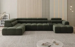 Designer Sofa Wohnlandschaft Mia mit elektrischer Sitzerweiterung in Chenille
