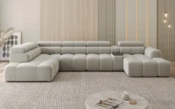 Designer Sofa Wohnlandschaft Mia mit elektrischer Sitzerweiterung in Chenille