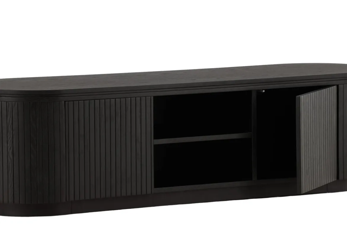 Designer TV-Lowboard Sundby – Schwarz in Eichenoptik mit Lamellenfront