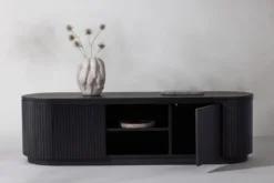 Designer TV-Lowboard Sundby – Schwarz in Eichenoptik mit Lamellenfront