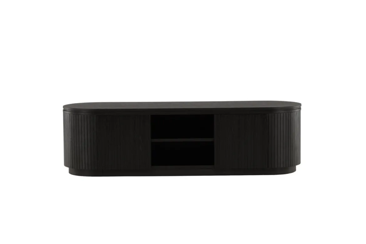 Designer TV-Lowboard Sundby – Schwarz in Eichenoptik mit Lamellenfront