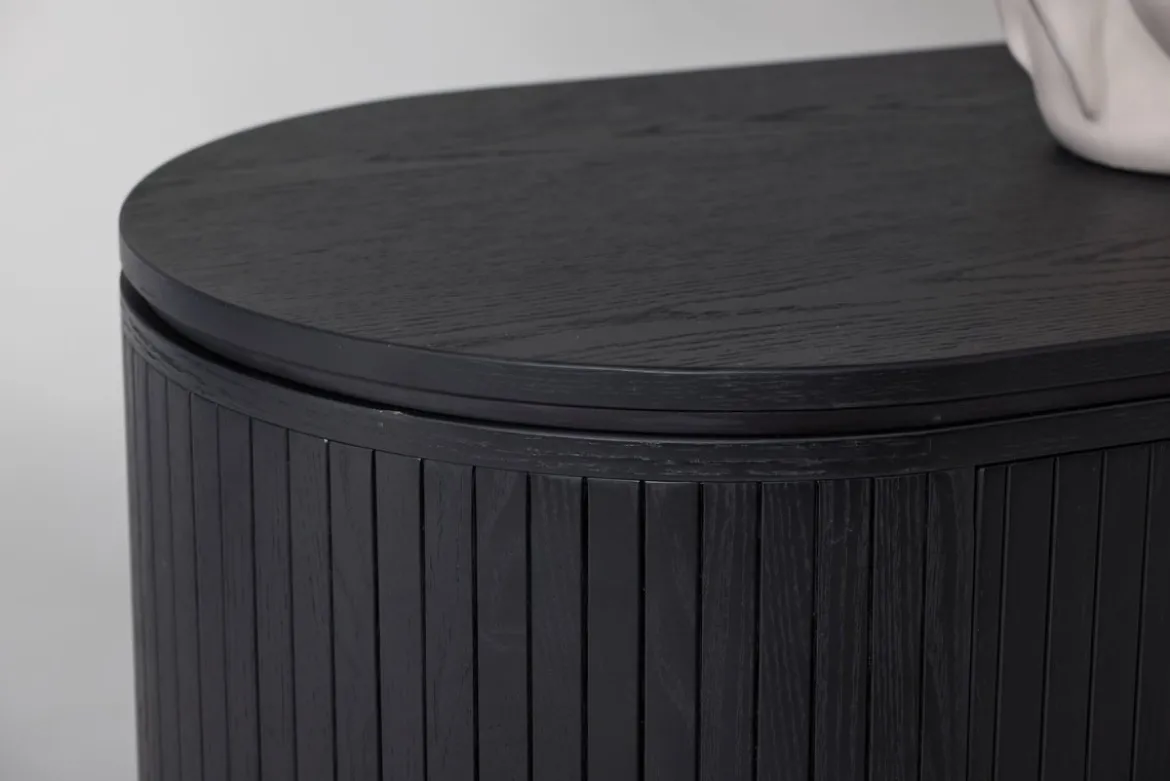 Designer TV-Lowboard Sundby – Schwarz in Eichenoptik mit Lamellenfront