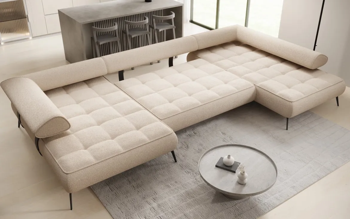 Designer U Sofa Sydney Bouclé mit elektrischer Schlaffunktion