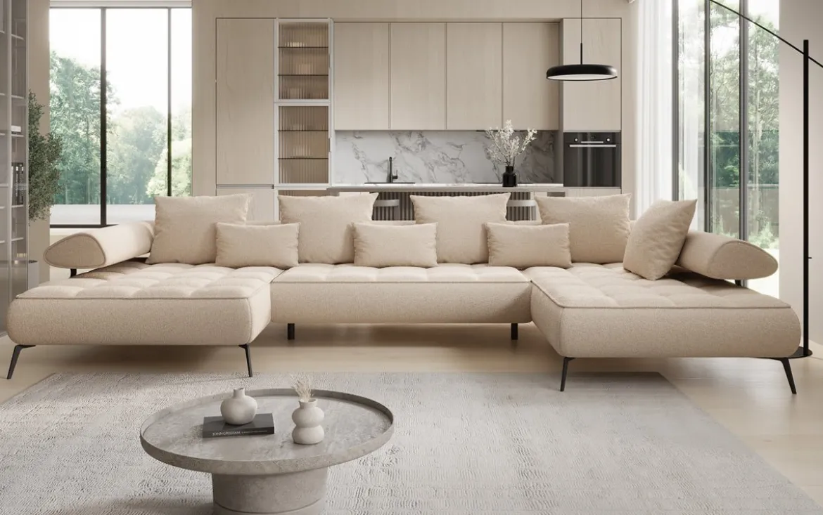 Designer U Sofa Sydney Bouclé mit elektrischer Schlaffunktion